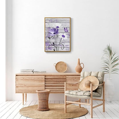 HVEST Farmhouse Purple Floral Framed Wall Art for Living Room, Daisy Butterfly on Rustic Wood Wall Art Nature Plant Flower Pictures for Bathroom Bedroom Office Apartment Decor, 17L X 12W inches