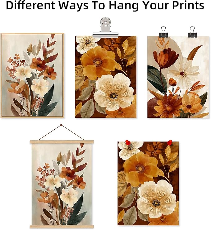 Boho Flower Wall Art Vintage Abstract Floral Prints Botanical Canvas Wall Decor Flower Farmhouse Pictures Fall Plant Poster Rustic Autumn Floral Artwork for Bedroom Living Room 12x16x3 Inch Unframed ﻿