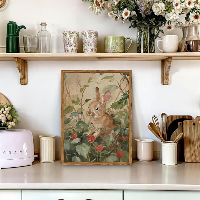 Framed Vintage Rabbit Wall Art, Cute Bunny Pictures Wall Decor, 3D Textured Sandstone Rustic Animal Botanical Paintings Prints Cottagecore Home Decor for Living Room Bedroom Nursery 16x24 inch