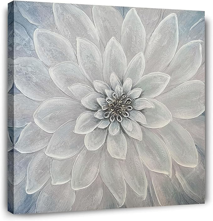 Waowumar Flowers Canvas Wall Art Blue and Gray Dahlia Pictures Contemporary Floral Textured Painting for Bedroom Living Room Decor