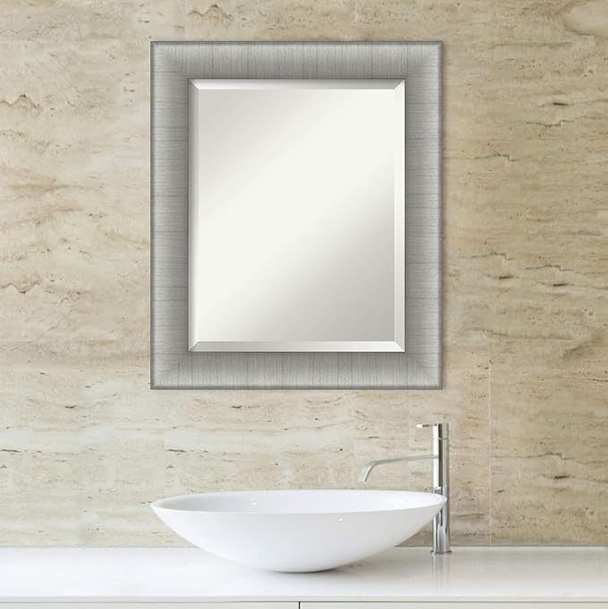 Amanti Art Silver Bathroom Mirror for Over Sink, 25x21 Elegant Brushed Pewter Rectangle Vanity Mirror, Small Casual Frame, Hangs Horizonally and Vertically, Bathroom Wall Decor, Beveled Edge