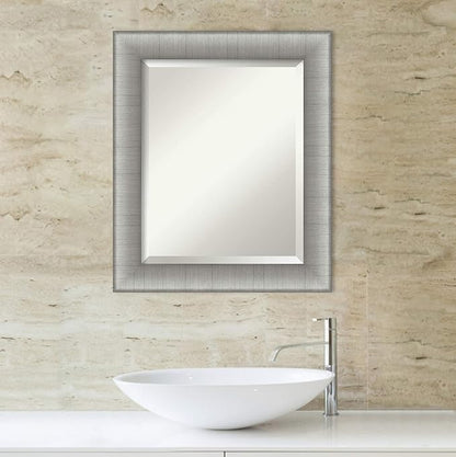 Amanti Art Silver Bathroom Mirror for Over Sink, 25x21 Elegant Brushed Pewter Rectangle Vanity Mirror, Small Casual Frame, Hangs Horizonally and Vertically, Bathroom Wall Decor, Beveled Edge