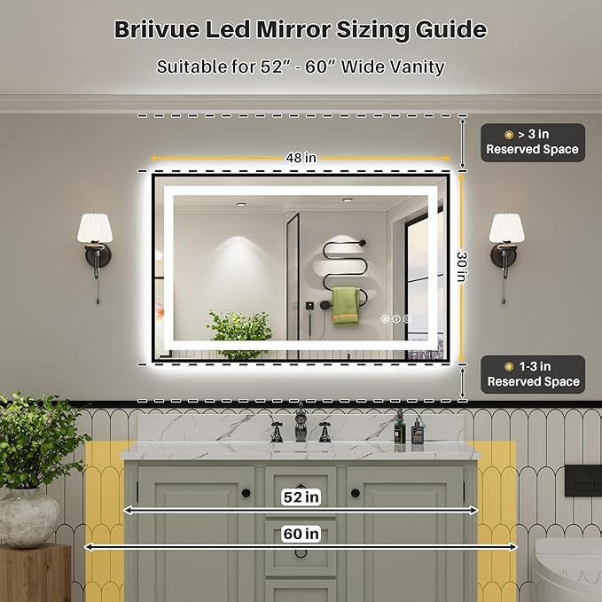 48x30 Inch LED Bathroom Mirror with Black Frame, Backlit & Front Lit, Anti-Fog Lighted Bathroom Vanity Mirror for Wall, Memory Function, Dimmable, HD Tempered Glass, Shatter-Proof