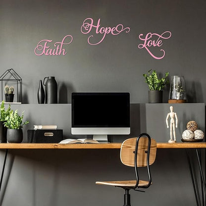 ESTART Faith Hope Love 3 Pieces Metal Wall Decor Inspirational Pink Letter Sign Wall Art Rustic Vintage Farmhouse Word Metal Sign Family Wall Decor for Home Bedroom Living Room (Pink)