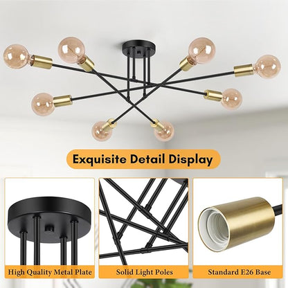 Modern Sputnik Chandelier 8-Light Industrial Ceiling Lights Fixture 32" Black and Gold Semi Flush Mount Ceiling Light with E26 Base Sputnik Lights Fixture for Dining Room Bedroom Hallway Living Room
