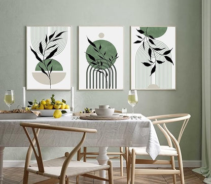 Mid Century Modern Wall Art Set of 3 Sage Green Canvas Wall Art Boho Prints Green Wall Decor Black Beige Abstract Wall Art Picture Mid Century Painting for Living Room Bedroom 16x24 Inch UNFRAMED