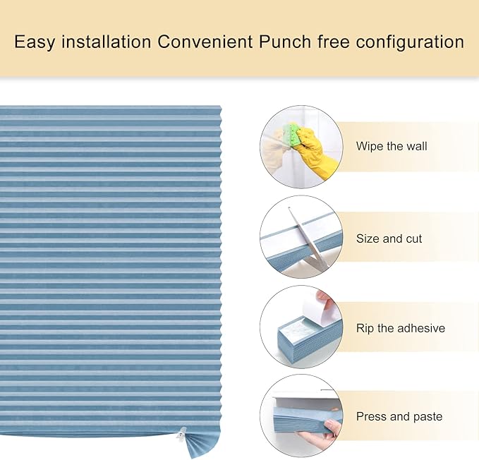 Window Blinds Cordless No Drill Cut to Size Clip On Stick On Self Adhesive Temporary Blinds Pleated Paper Blinds for Windows Doors Shades for Home Nursery Bedroom Kitchen Bathroom