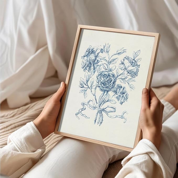 uniro Vintage Blue Rose Bouquet Sketch Wall Art Print, Neutral Flower Wall Painting, Retro Botanical Floral Posters for Room Aesthetic for Bedroom Living Room Bathroom Wall Decor(8" x 10"-UNFRAMED)