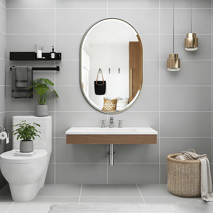 POZINO Modern Oval Beveled Mirror, 24"x36" Brushed Gold Bathroom Vanity Mirror Over Sink, Pill Shaped Capsule Wall Mounted Mirrors for Living Room Bedroom Entryway, Hangs Vertically or Horizontally