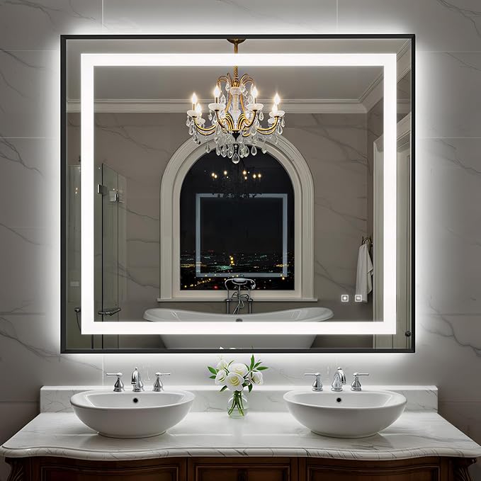 40X36 Inch LED Bathroom Mirror with Lights, Black Frame Frontlit+ Backlit Bathroom Vanity Mirror for Wall, Ultra-Clear Tempered Glass, Shatter-Proof, Anti-Fog and Memory Function, ETL Listed