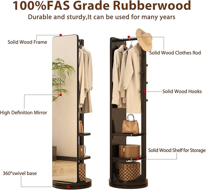 WoodsWhisper Full Length Mirror Coat Rack Solid Wood Floor Mirror 70"x16" Full Length Mirror with Stand Long Mirrors for Bedroom,Living Room (Black, 70" L x 16" W)
