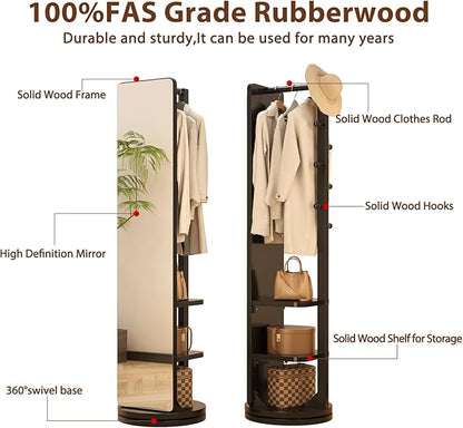 WoodsWhisper Full Length Mirror Coat Rack Solid Wood Floor Mirror 70"x16" Full Length Mirror with Stand Long Mirrors for Bedroom,Living Room (Black, 70" L x 16" W)