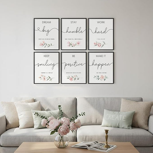 Framed Inspirational Office Wall Art Decor, 6 Piece Modern Motivational Quotes Floral Canvas Prints Artwork for Office Walls, Positive Affirmations Wall Decor for Home, Study Room, 11x14