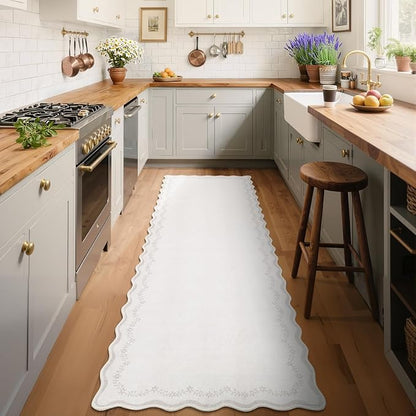 GarveeHome 2.6x10 Scalloped Washable Runner Rug for Kitchen, Soft Beige Long Hallway Runner Non Slip Entryway Rug Farmhouse Thin Laundry Mat Stain Resistant Carpet for Bathroom Beside Rug