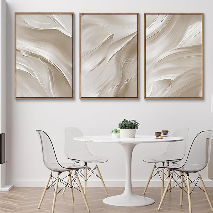 myusuar 3 Piece Large Abstract Framed Wall Art For Living Room, Smoke Texture Ink Beige White Canvas Wall Art Modern Minimalist Art Prints Wall Décor For Bedroom Office 24x36in