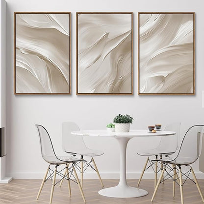 myusuar 3 Piece Large Abstract Framed Wall Art For Living Room, Smoke Texture Ink Beige White Canvas Wall Art Modern Minimalist Art Prints Wall Décor For Bedroom Office 24x36in