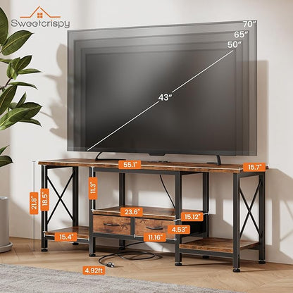 DUMOS 55” TV Stand with Power Outlets, Entertainment Center for TVs Up to 65 Inches, Industrial Media Console with Fabric Drawers & Open Shelves, Rustic Brown TV Table for Living Room, Bedroom