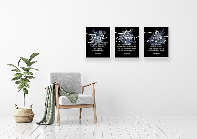 Faith, Hope & Love Bible Verse Inspirational Wall Art, Christian Canvas Wall Art, A Great Religious Decor Gift for Living Room & Bedroom, (8 X 10in X 3 pcs) Framed (Black)