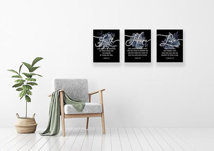 Faith, Hope & Love Bible Verse Inspirational Wall Art, Christian Canvas Wall Art, A Great Religious Decor Gift for Living Room & Bedroom, (8 X 10in X 3 pcs) Framed (Black)