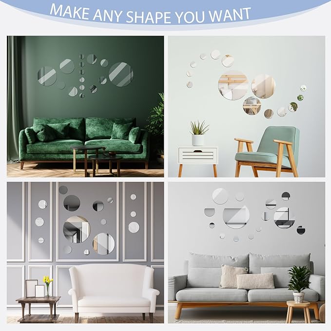 Jetec 15 Pcs Real Glass Round Mirror Tiles Frameless Wall Glass Tiles Round Wall-Mount Mirrors with Acrylic Double Sided Adhesive for Bedroom Bathroom Craft(2/3/4/6/8/10 Inch)