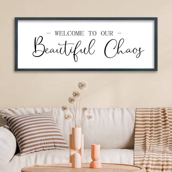 FZMHASLWW Welcome To Our Beautiful Chaos Sign Wall Decor 32"×12" Family Wooden Plaque for Living Room Entryway Hanging Wall Art (Black)