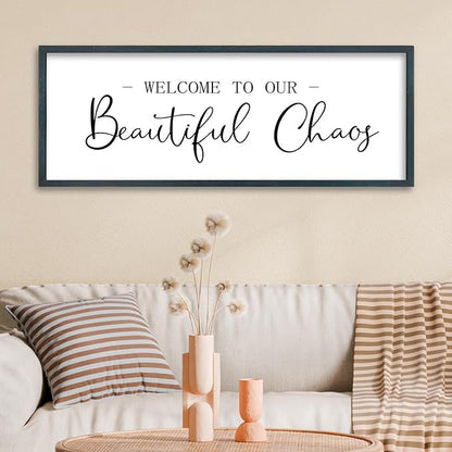 FZMHASLWW Welcome To Our Beautiful Chaos Sign Wall Decor 32"×12" Family Wooden Plaque for Living Room Entryway Hanging Wall Art (Black)