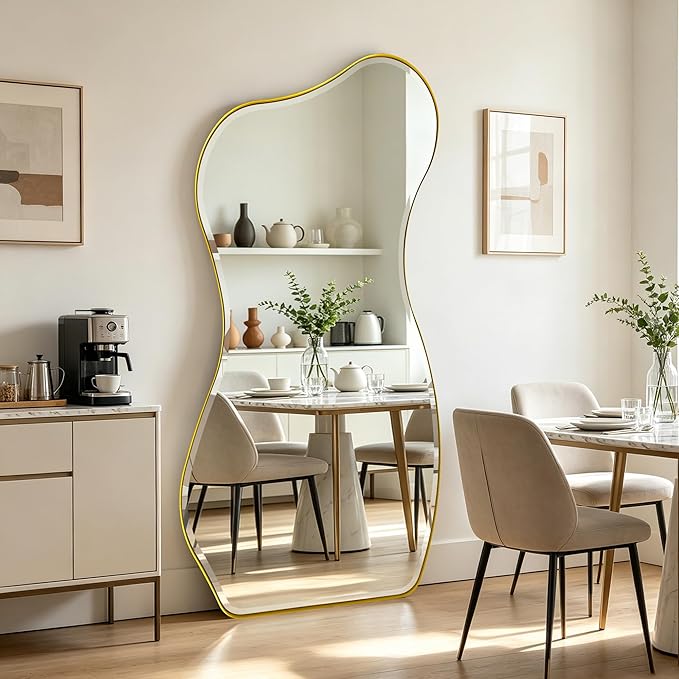 POZINO Irregular Beveled Mirror, 63"x32" Large Asymmetrical Aesthetic Wall Mirror with Metal Frame, Premium Organic Floor Mirrors for Living Room Bedroom Hallway Entryway, Leaning/Wall-Mount