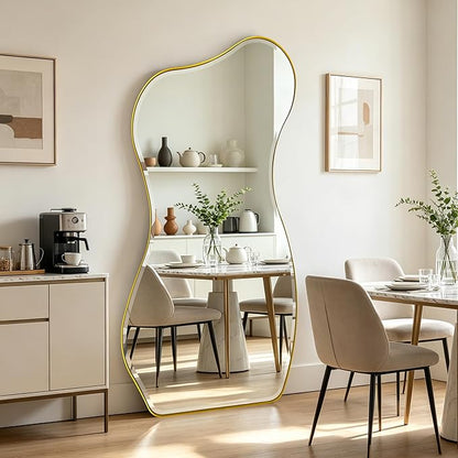 POZINO Irregular Beveled Mirror, 63"x32" Large Asymmetrical Aesthetic Wall Mirror with Metal Frame, Premium Organic Floor Mirrors for Living Room Bedroom Hallway Entryway, Leaning/Wall-Mount
