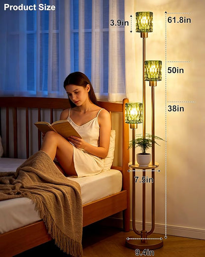 62IN Gold Floor Lamp with Green Glass Shade 3-Lights Mid-Century Modern Farmhouse Floor Lamps with 3000K Warm White Bulbs, Tall Standing Lamp 5Lbs Heavy Base for Living Room/Bedroom/Corner