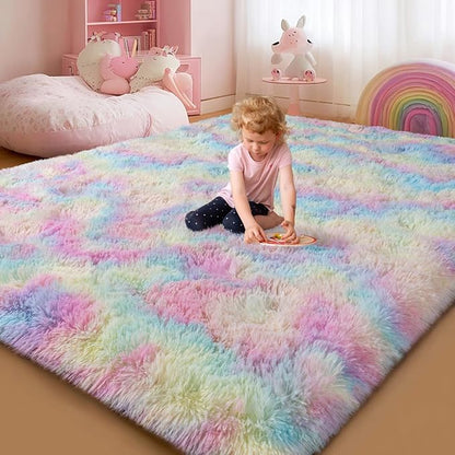 qulint 4x6 Area Rug for Bedroom, Fluffy Soft Colorful Girl Rug for Kids Room, Small Fuzzy Plush Nursery Rugs Shaggy Carpets for Living Room Dorm Classroom Home Decor (4ft x 6ft, Rainbow)