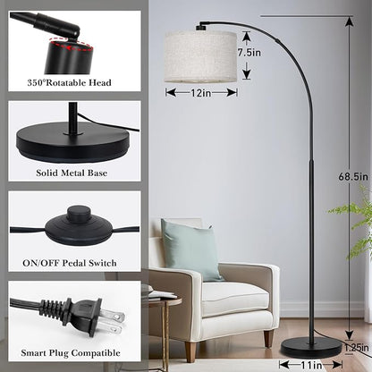 DWTB Black Arc Floor Lamps for Living Room,Modern Standing Lamp with Adjustable Drum Lampshade Tall Pole Lamp with Foot Switch Over Couch Arched Floor Light for Reading Bedroom 8W LED Bulb Included