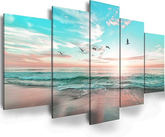 EPHANY Modern Ocean Beach Wall Art - Sunrise Sea Landscape, Canvas 5 Pieces, Blue Sea Sky Picture, Office & Living Room Wall Decor (D-5pcs,80"x40")