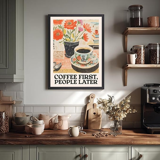 GELDSTEI Wood Framed Retro Coffee Wall Art, Vintage Cafe Wall Decor, Coffee First People Later Canvas Painting, Classical Cafe Bar Poster Print for Kitchen Dining Room Home Office 12x16 Inch