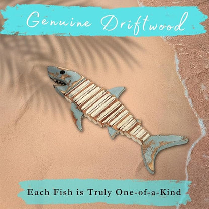Driftwood Fish Nautical Wall Decor - Handmade Wooden Rustic Coastal Wall Art for Living Room, Bedroom, Office, Bathroom - Ocean Beach Decoration (Raya)