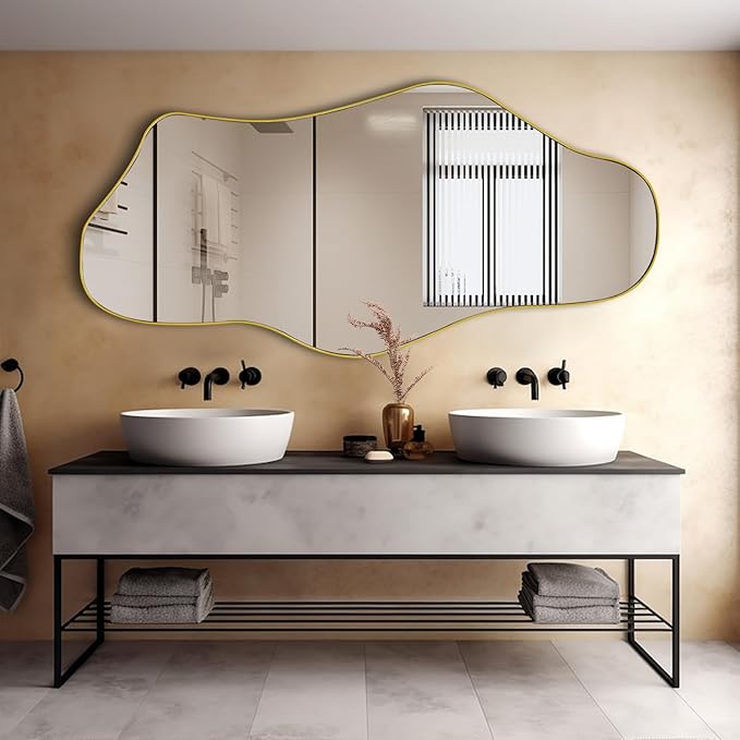 Irregular Mirror Full Length, 63.4"x29" Large Asymmetrical Mirror with Gold Metal Frame, Modern Abstract Wall Mirrors for Living Room Bedroom Entryway, Hangs Vertically or Horizontally