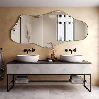 Irregular Mirror Full Length, 63.4"x29" Large Asymmetrical Mirror with Gold Metal Frame, Modern Abstract Wall Mirrors for Living Room Bedroom Entryway, Hangs Vertically or Horizontally
