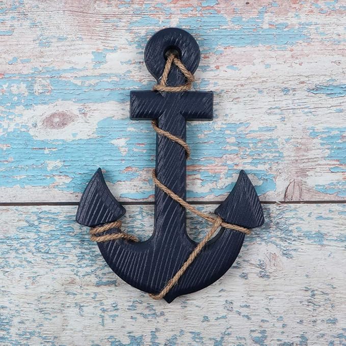MDLUU Wooden Nautical Ship Steering Wheel, Small Ship Rudder and Anchor Wall Decor Set, 11" Navy Blue Helm Wheel Beach Theme Hanging Ornament