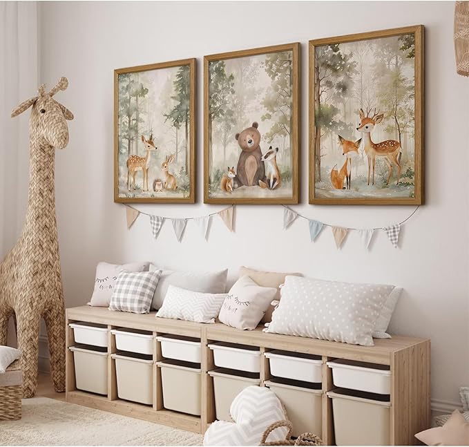 Woodland Nursery Wall Art Decor Animal Forest Canvas Prints Baby Boy Room Wall Decor Bear Nursery Nature Pictures Deer Prints Artwork for Boy Girl Kids Bedroom 16x24 Inch Wood Framed Set of 3