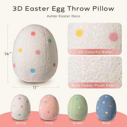 Ashler Egg Shaped Throw Pillow, Spring Home Decor, Teddy Fabric Decorative Cushion with Colorful Polka Dots Embroidery, Soft Pillow for Bedroom Living Room Couch, 14x11 in