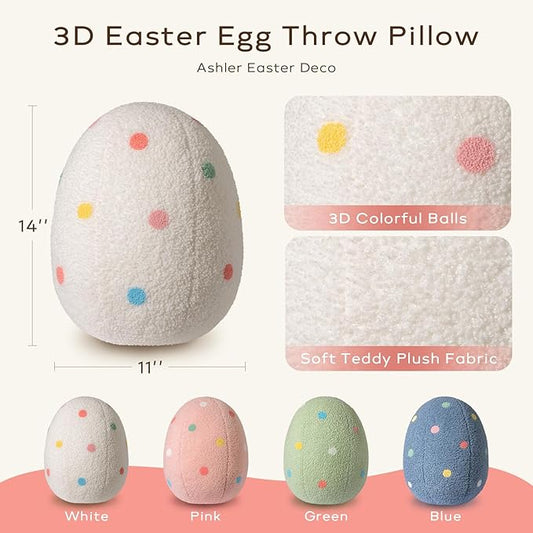 Ashler Egg Shaped Throw Pillow, Spring Home Decor, Teddy Fabric Decorative Cushion with Colorful Polka Dots Embroidery, Soft Pillow for Bedroom Living Room Couch, 14x11 in