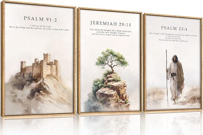 Jesus Christ Easter Bible Verse Story Framed Canvas Wall Art Set,Christian Religious Faith Resurrection Decor,Watercolor Beige Scripture Artwork for Church,Prayer Room,Living Room-16"x24"x3