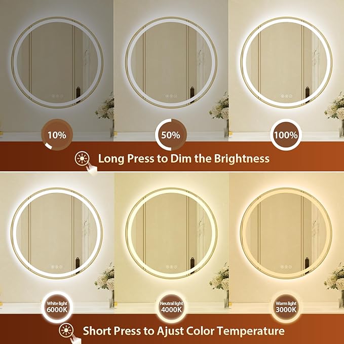 30 Inch Round Gold Framed LED Bathroom Mirror with Lights, Built-in Bluetooth Speaker,Tempered Glass,Dimmable Lighted Bathroom Vanity Mirror with 3 Colors, Backlit + Frontlit, Memory, Anti-Fog