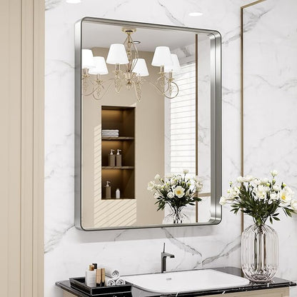 LOAAO 24X30 Inch Brushed Nickel Bathroom Mirror, Rounded Rectangle Silver Metal Frame Mirror, Brushed Nickel, Anti-Rust, Shatter Proof, Hangs Horizontally or Vertically