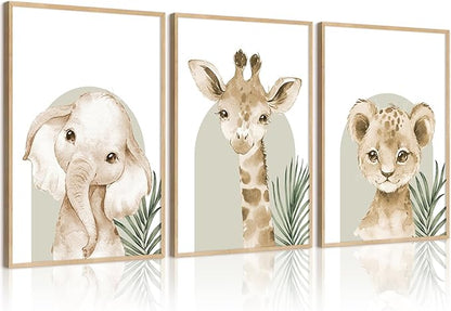 Tocliky Nursery Animal Wall Art Decor Safari Jungle Nursery Pictures Baby Boy Room Canvas Wall Decor Woodland Animals Prints Safari Giraffe Artwork for Boys Kids Bedroom 12x16 Inch Unframed Set of 3