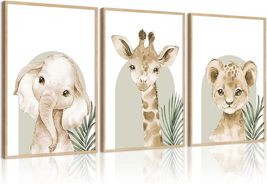 Tocliky Nursery Animal Wall Art Decor Safari Jungle Nursery Pictures Baby Boy Room Canvas Wall Decor Woodland Animals Prints Safari Giraffe Artwork for Boys Kids Bedroom 12x16 Inch Unframed Set of 3