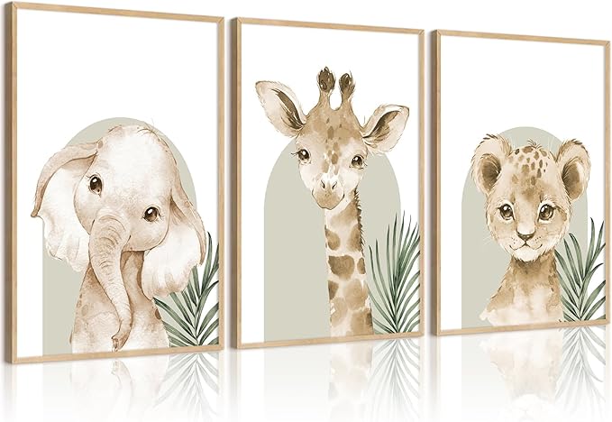 Tocliky Nursery Animal Wall Art Decor Safari Jungle Nursery Pictures Baby Boy Room Canvas Wall Decor Woodland Animals Prints Safari Giraffe Artwork for Boys Kids Bedroom 16x24 Inch Unframed Set of 3