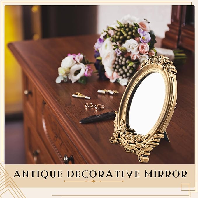 Threehoney 2 Pcs Small Gold Vintage Mirror Antique Vanity Makeup Desk Mirror Traditional Arch Tabletop Mirrors with Stand Baroque Decorative Wall Art for Living Room Bedroom Dresser Decor