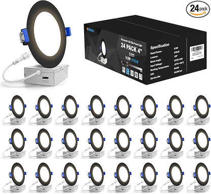 VOLISUN 24 Pack 4 inch Recessed Lighting, 5CCT LED Recessed Light Black, 2700K-5000K Selectable, 9.5W Eqv 80W, 810LM Dimmable Canless Wafer Downlight, LED Ceiling Light ETL Certificated
