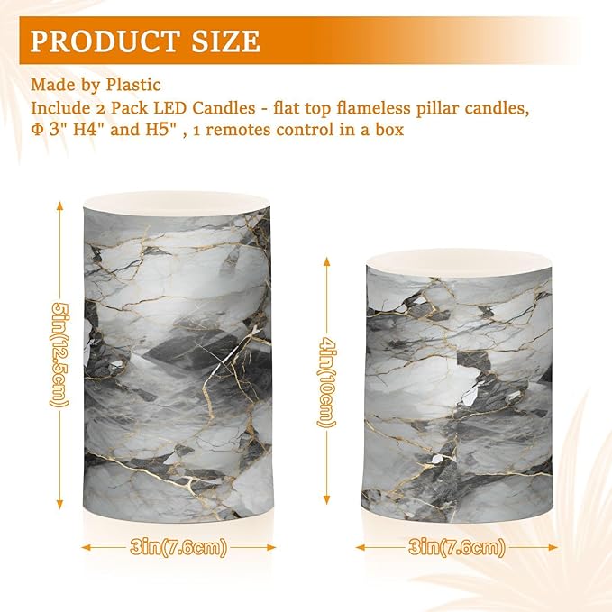 ALAZA Grey Gold Marble Flickering Flameless Candles Battery Operated with Remote Timer,Tea Light Candles LED Pillar Votive Candles Set of 2 for Outdoor