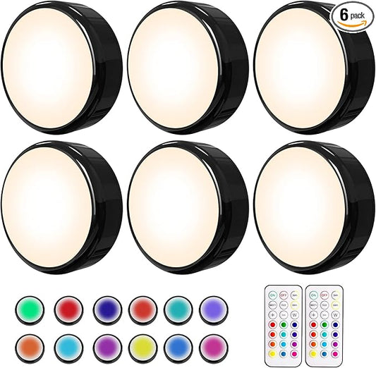 HELPLEX LED Puck Lights with Remote, 6 Pack Color Changing RGBW, Battery Powered, Dimmable Under Cabinet Lighting with Timer & Memory, Wireless Stick-On Lights, Black